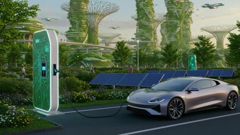 in a forward-thinking, sustainable city of the future, an electric vehicle is being charged amidst abundant greenery and solar panels