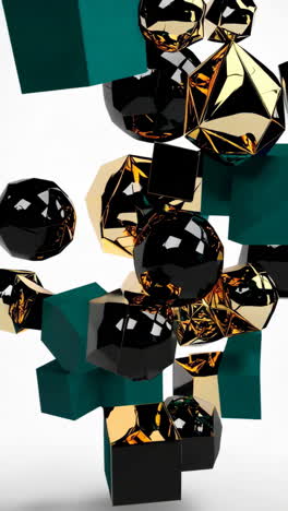 abstract floating geometric shapes in gold, black, and emerald