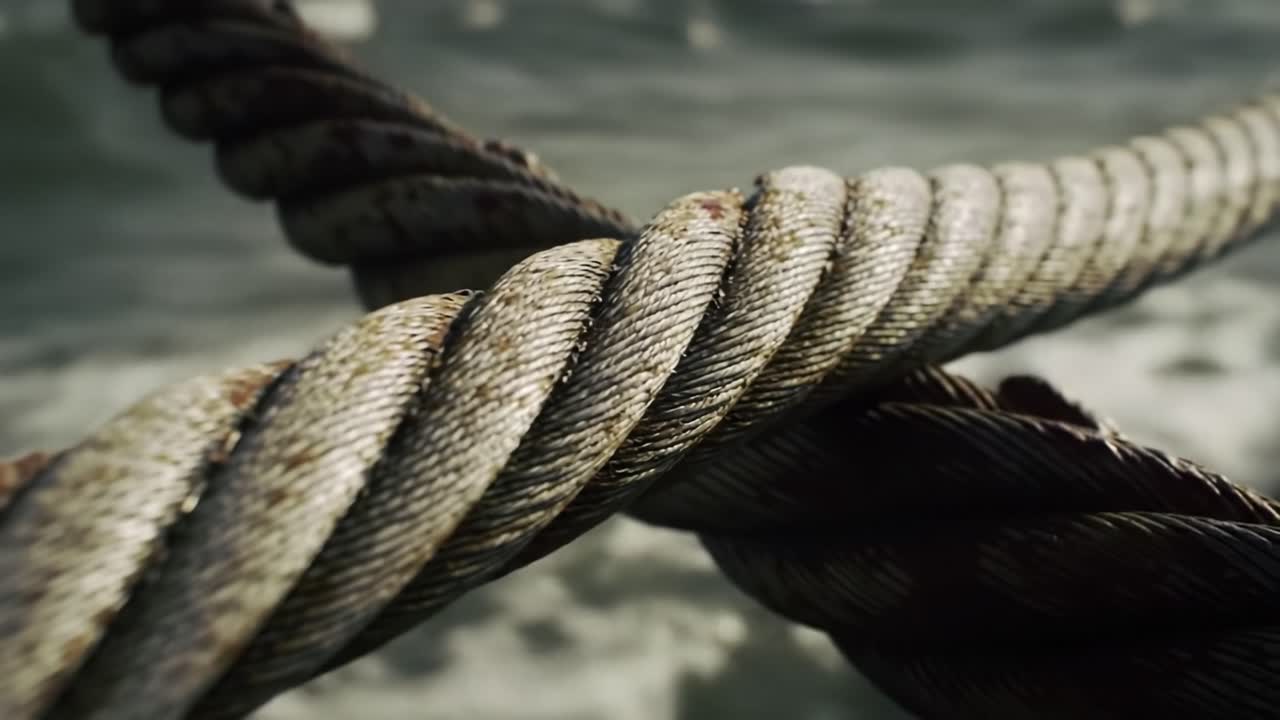 Close-Up View of Intertwined Metallic Ropes Against a Dynamic Ocean Background Highlighting Textures and Patterns in Nautical Equipment