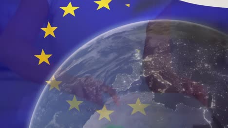 Animation-of-flag-of-eu-and-globe-over-biracial-volunteer-segregating-waste