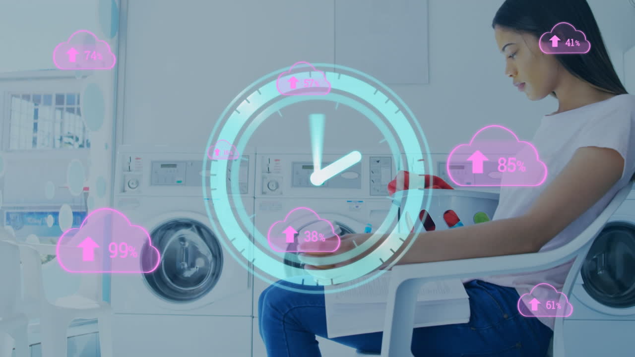 시계 와 구름 아이콘 을 가진 세탁소 에서 기다리고 있는 두 인종 의 젊은 여자 의 동영상
