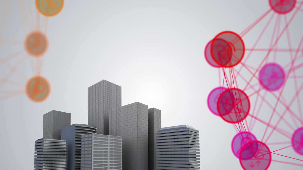 globo de iconos digitales contra modelos de edificios digitales