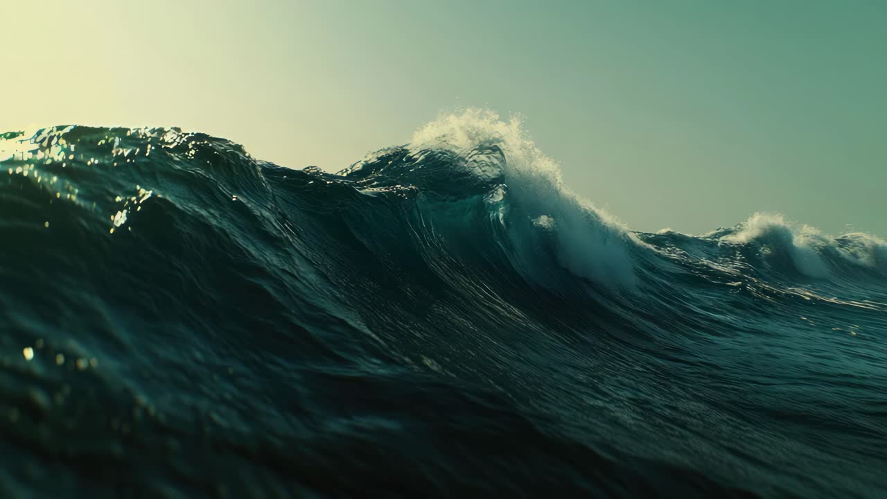 Dynamic low-angle shot of a powerful ocean wave cresting, capturing the raw energy and motion