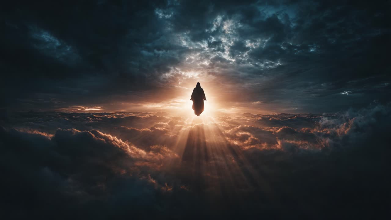 A Celestial Being Ascends Through Dark Clouds, Illuminated by a Glorious Golden Light, Symbolizing Hope and Transformation in a Dramatic Atmosphere