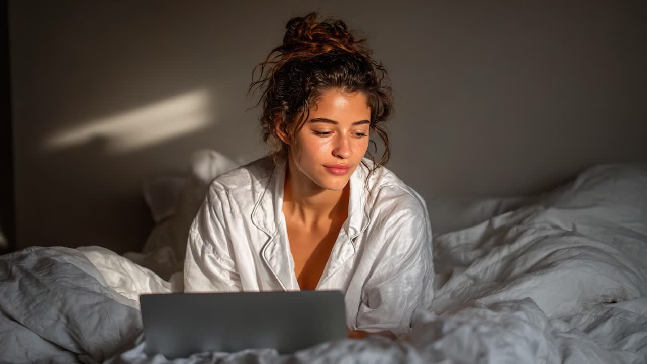 Intimi momenti mattutini: giovane donna assorta nel lavoro o in attività di svago sul suo portatile, mentre si rilassa a letto circondata da soffici coperte bianche