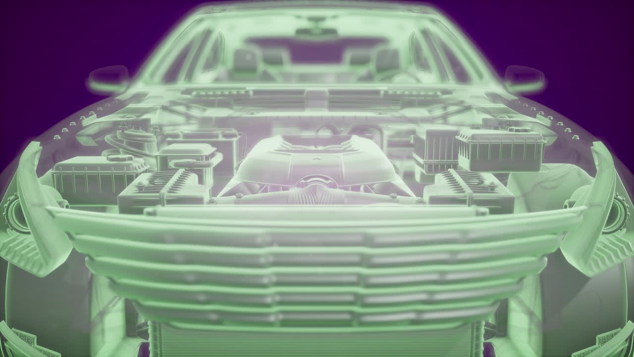 Holographic animation of 3D wireframe car model with engine