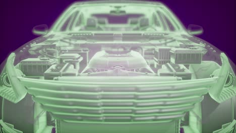 holographic animation of 3d wireframe car model with engine