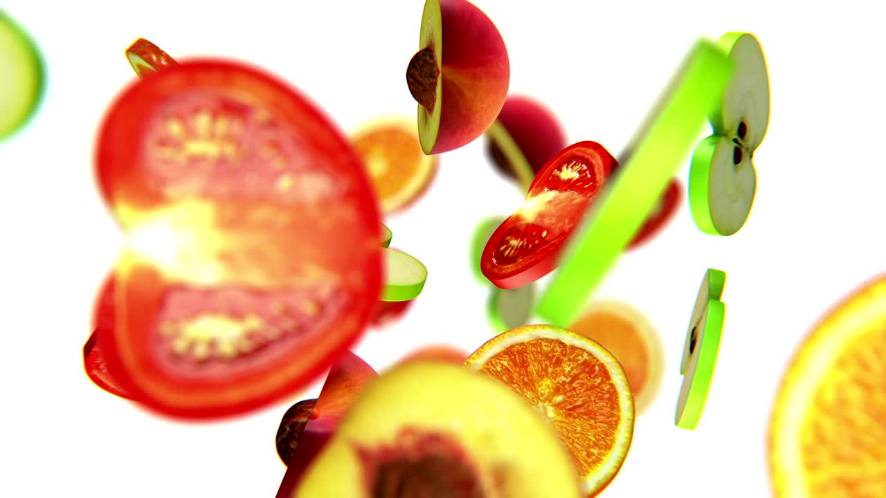 Sections of fruits fall from the top on white background, seamless loop, CG