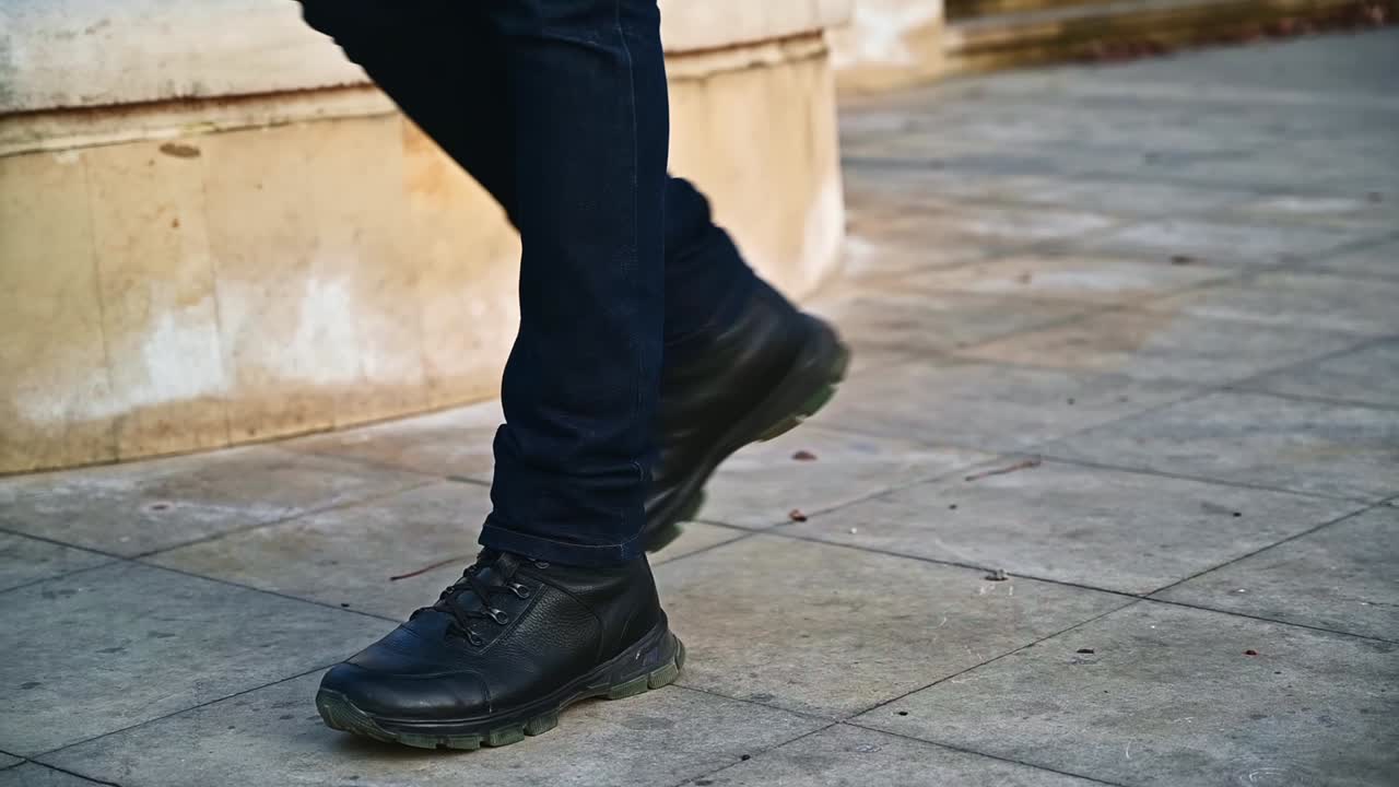 Man's feet hits an empty paper cup of coffee from the pavement at sunlight. Ecology idea. Slow motion