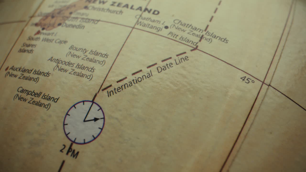 Close-up of a World Globe Map, Focusing on the International Date Line and New Zealand