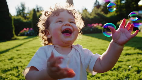 joyful baby playing with bubbles in a sunny park
