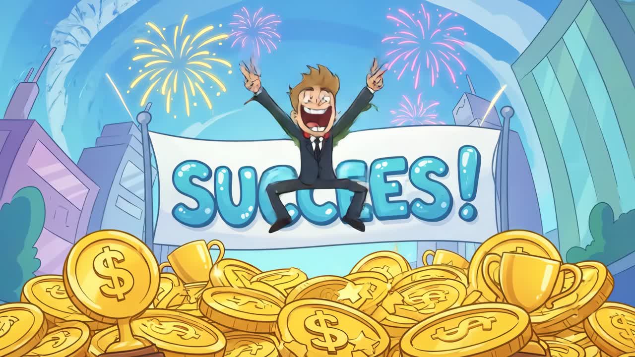 Cartoon-Geschäftsmann, der seinen Erfolg mit Geld und Feuerwerk feiert