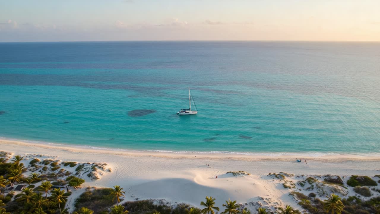 A Serene Seascape: Captivating Aerial View of a Sailboat on Crystal Clear Waters Surrounded by Pristine White Sands and Lush Tropical Vegetation at Sunset