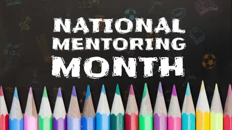 Animation-of-national-mentoring-month-day-text-over-crayons-and-school-icons-on-black-background