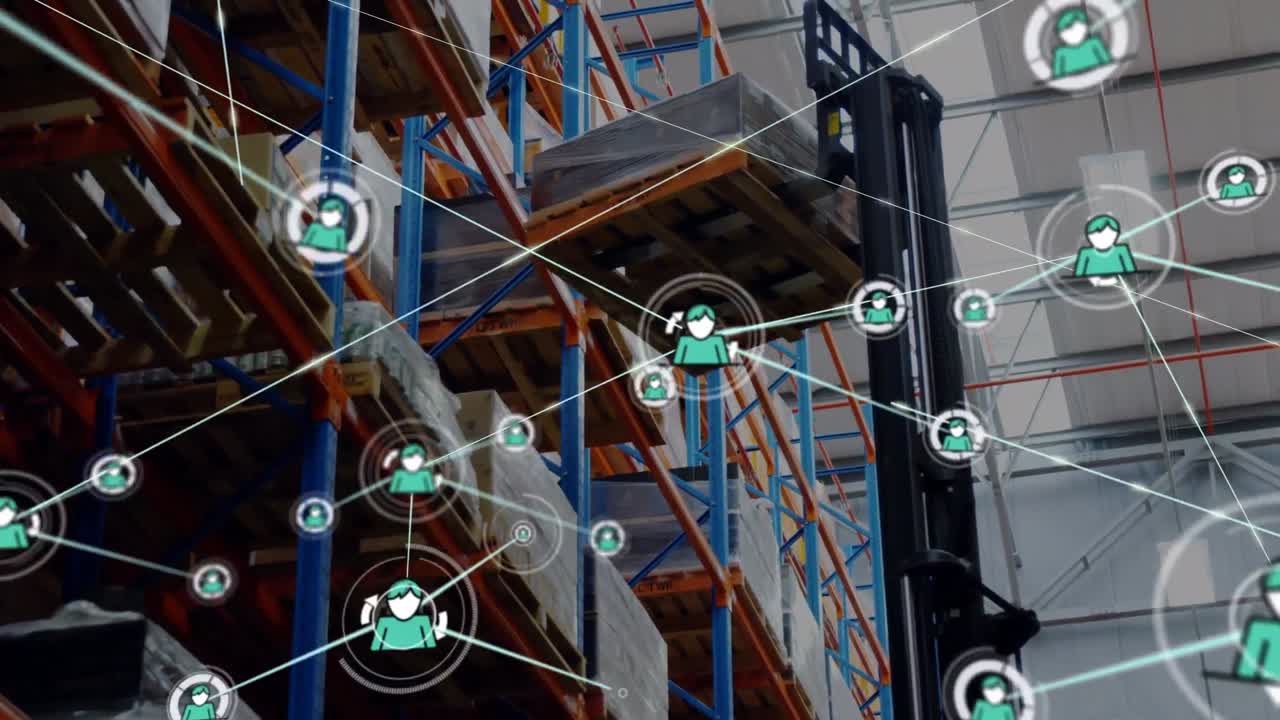 Animation of network of connections and icons over warehouse