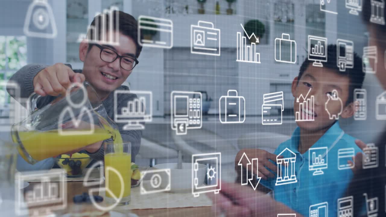 Padre sirviendo zumo de naranja a su hijo en la cocina con iconos de finanzas superpuestos