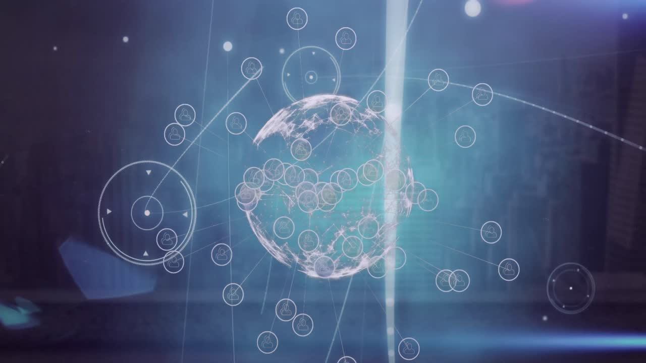 파란색 배경에 회전하는 지구와 빛의 점 위에 디지털 아이콘의 애니메이션