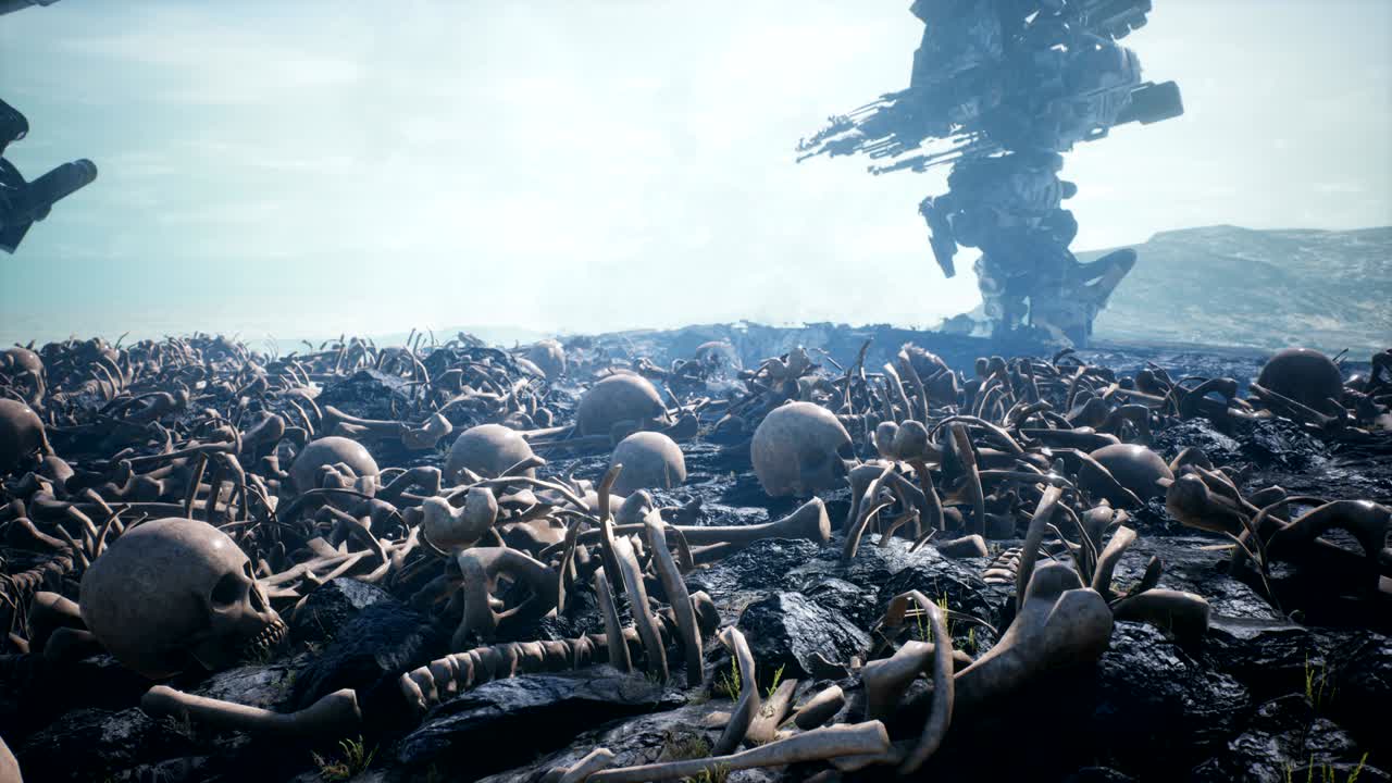 los robots militares están caminando en un campo de batalla cubierto de cráneos y huesos humanos. el concepto del apocalipsis futuro. animación en bucle para fondos militares, futuristas o de fantasía.