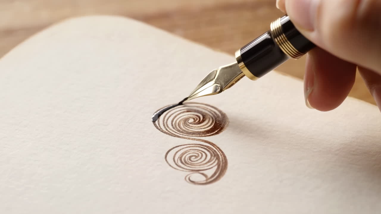 Nærbillede af en hånd, der tegner et spiralmønster med fyldepen på papir.