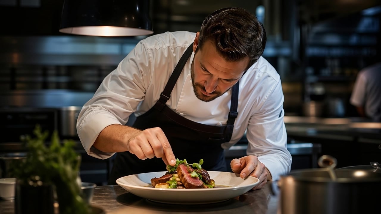 Chef professionista che impiattisce con cura un piatto gourmet di carne in una cucina di ristorante commerciale.