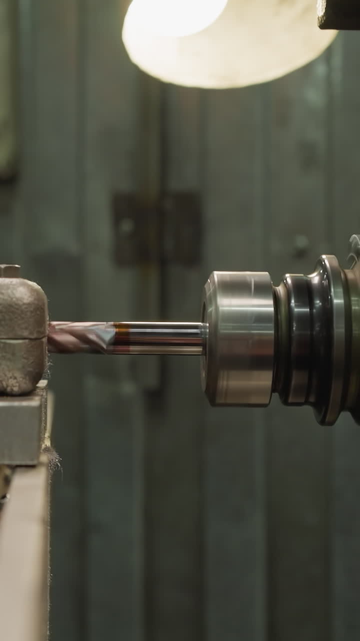 mecanizado de piezas metálicas en torno industrial con primer plano de la rueda giratoria y la herramienta