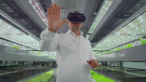 male scientist in a white coat standing in the hallway of vertical farming with hydroponics with glasses virtualnoy reality around the green showcases with vegetables.