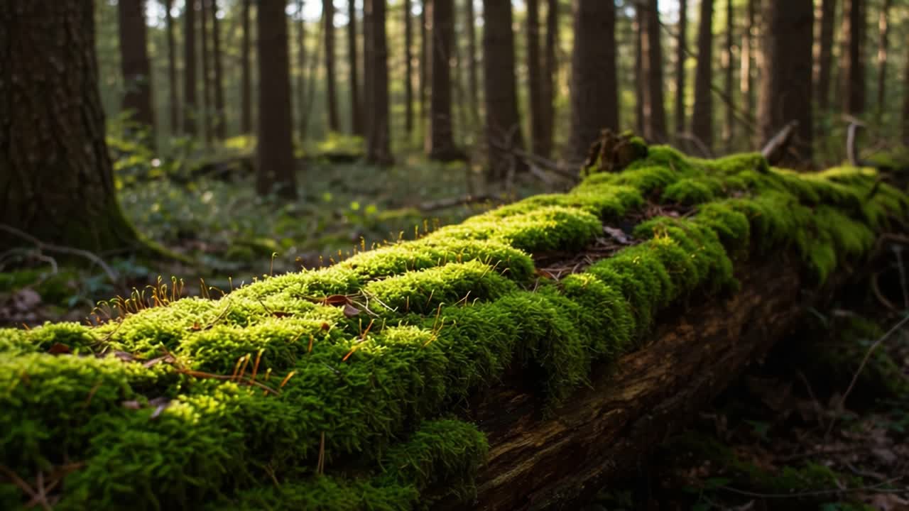 Exploring the Tranquil Beauty of a Sunlit Forest Log Covered in Vibrant Green Moss, Capturing the Essence of Nature's Serenity and Rich Biodiversity