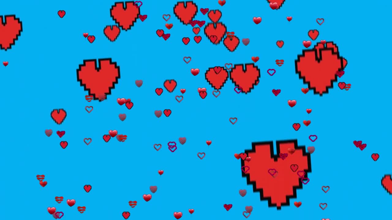 animación de corazones rojos que se mueven sobre un fondo azul