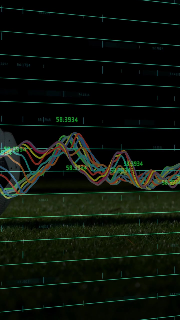 Animation of fluctuating financial graph lines overlaying soccer ball on grass