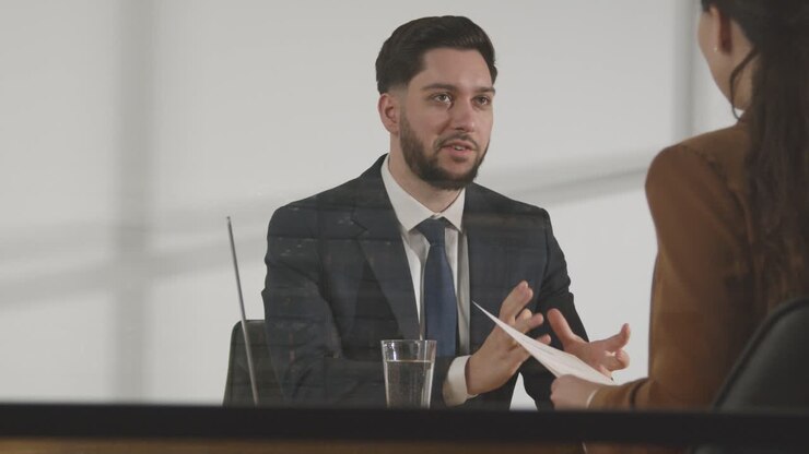 Male Candidate Being Interviewed In Office For Job By Female Interviewer Viewed Through Window 6