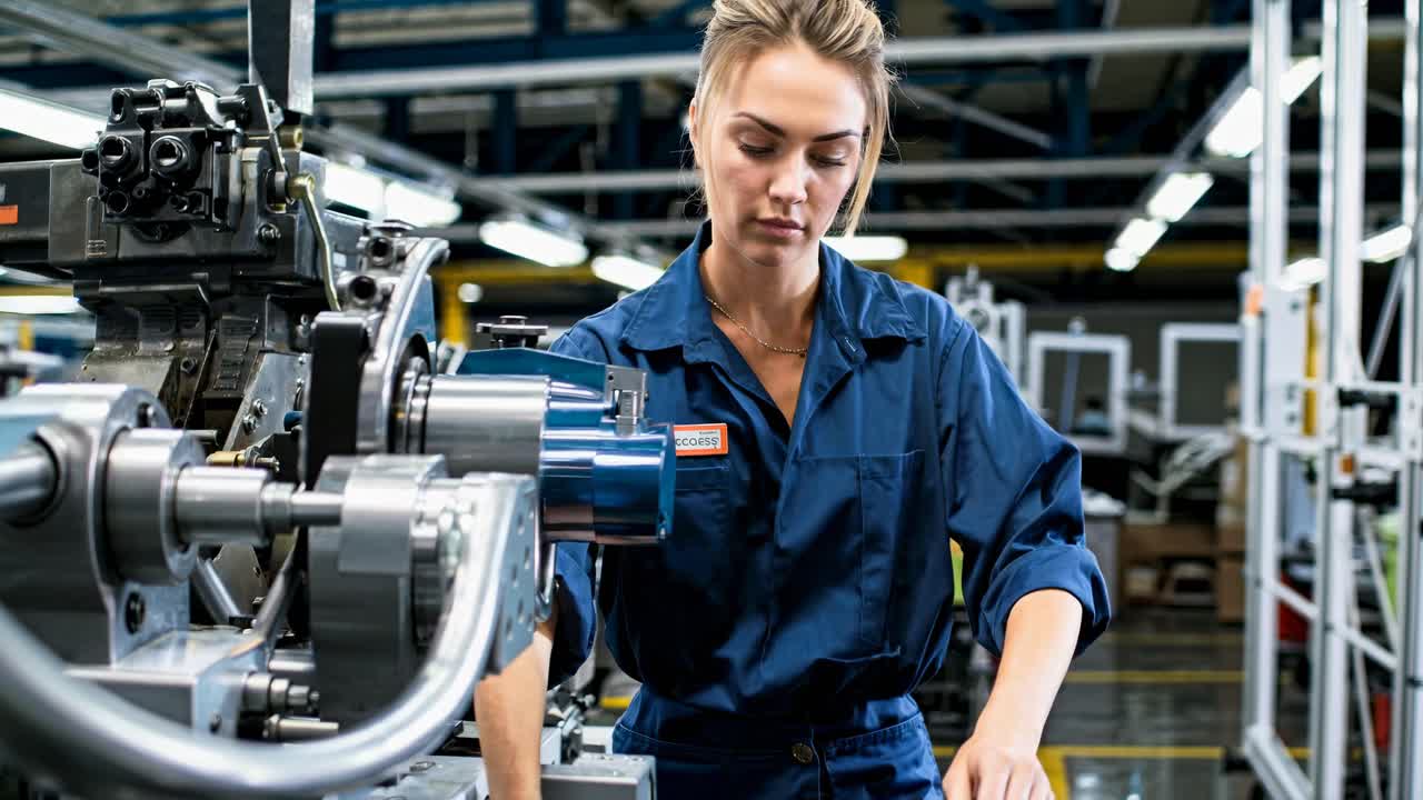 A focused worker operates machinery in a factory setting. The video captures a side angle