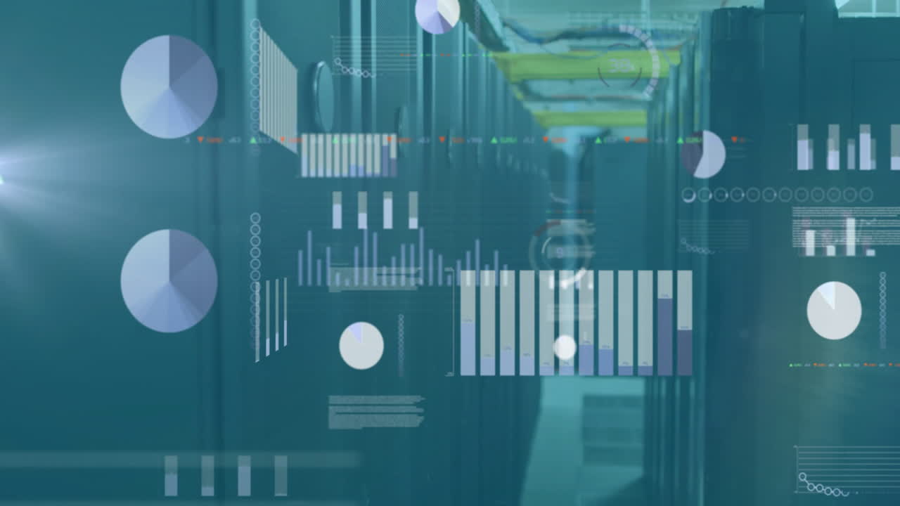 animación del procesamiento de datos financieros a través de la sala de servidores