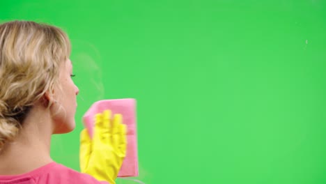 woman cleaning window on green screen