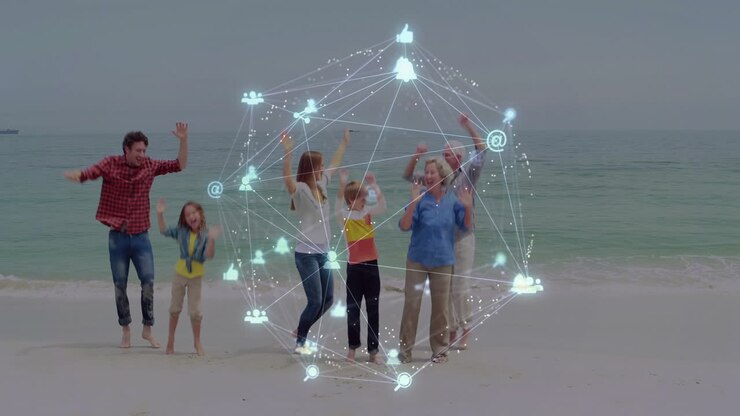 Animación de red de conexiones y procesamiento de datos sobre una familia disfrutando de la playa