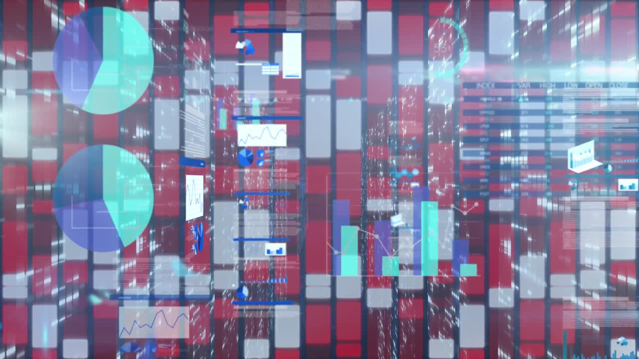 animación del procesamiento de datos financieros sobre columnas móviles sobre fondo negro