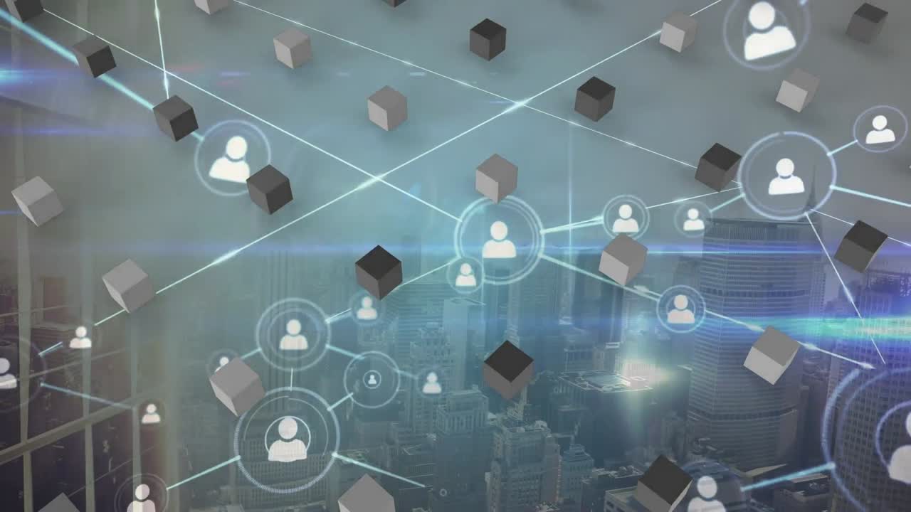 vr 헤드 ⁇ 을 착용한 사업가 여성에 대한 연결 네트워크의 애니메이션