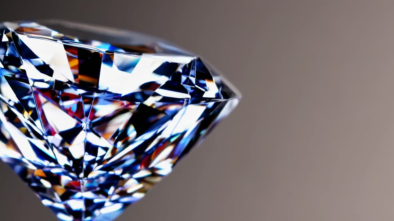 Close-up video of a sparkling diamond at an angled view, showcasing its facets and reflections