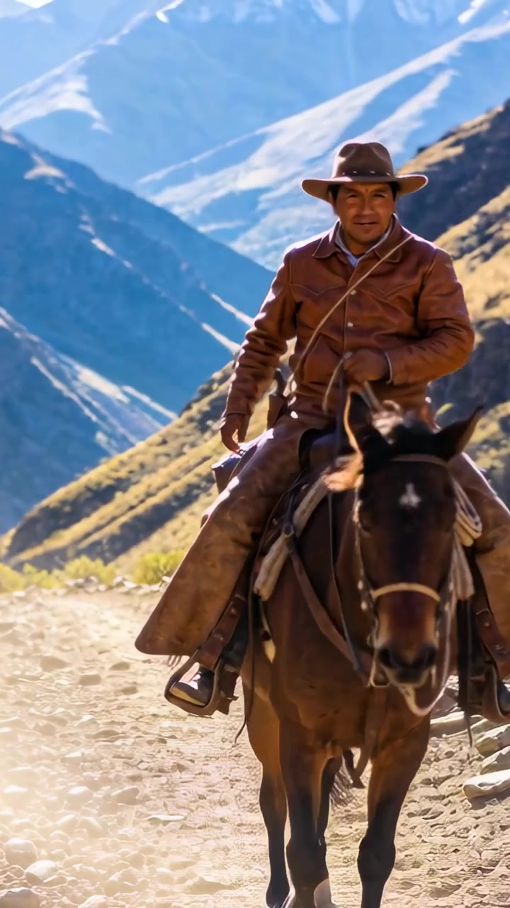 Video verticale: Un cavaliere con un cappello entra da destra e guida un cavallo marrone scuro lungo un sentiero nella valle.