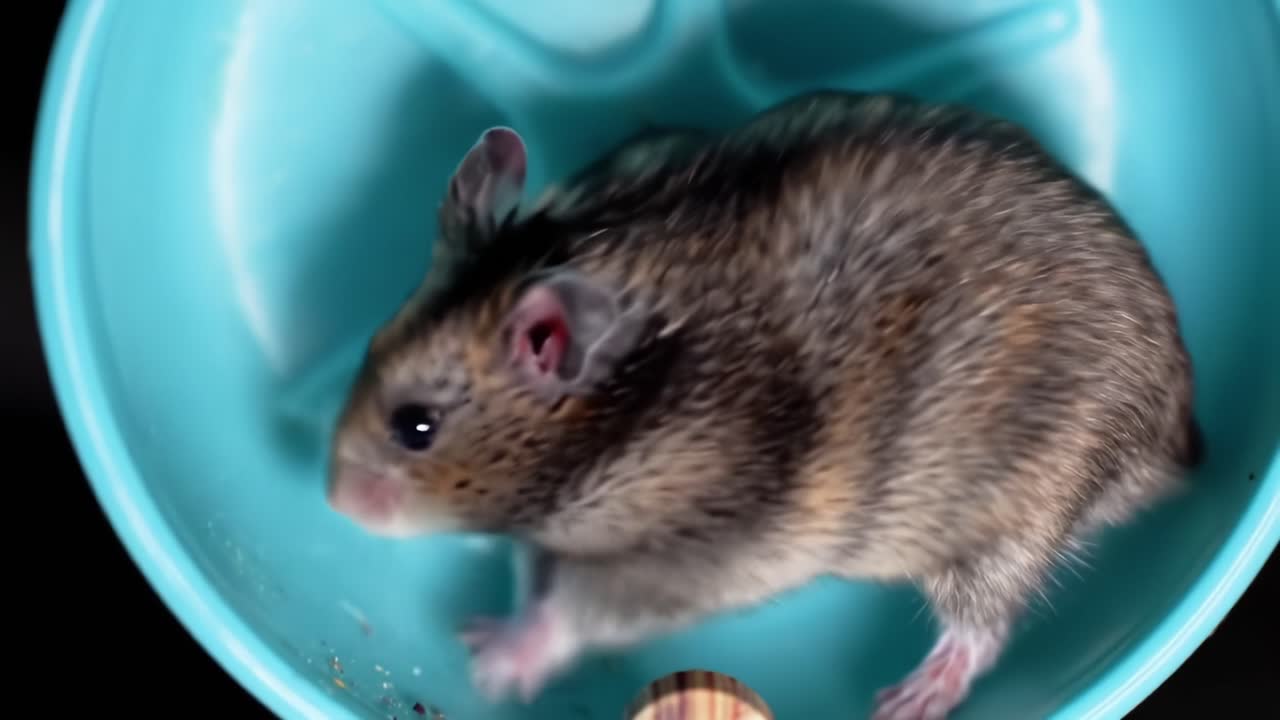 A Close-Up Exploration of a Playful Hamster Running in Its Wheel, Showcasing Its Delicate Fur and Energetic Movements in a Vibrant Blue Habitat