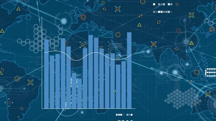 Animation of network of connections with icons over globe and grid