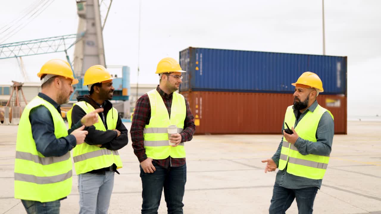 Multiracial industrial people working at shipping containers port terminal - Freight logistics operator
