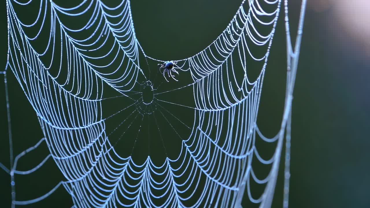 Close-up video of a spider on a dew-covered web, captured at a low angle with soft lighting