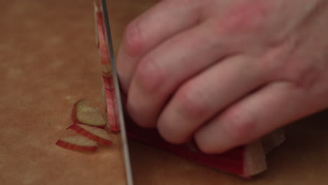 hands slicing long red radish for salad