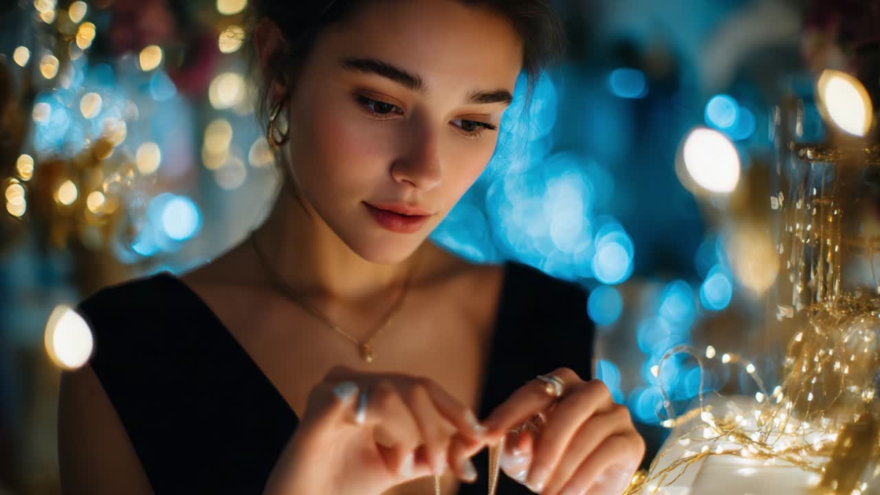 A Serene Moment: Capturing a Young Woman Deep in Thought as She Delicately Handles Sparkling Jewelry, Surrounded by Twinkling Lights and a Dreamy Atmosphere of Celebration and Elegance