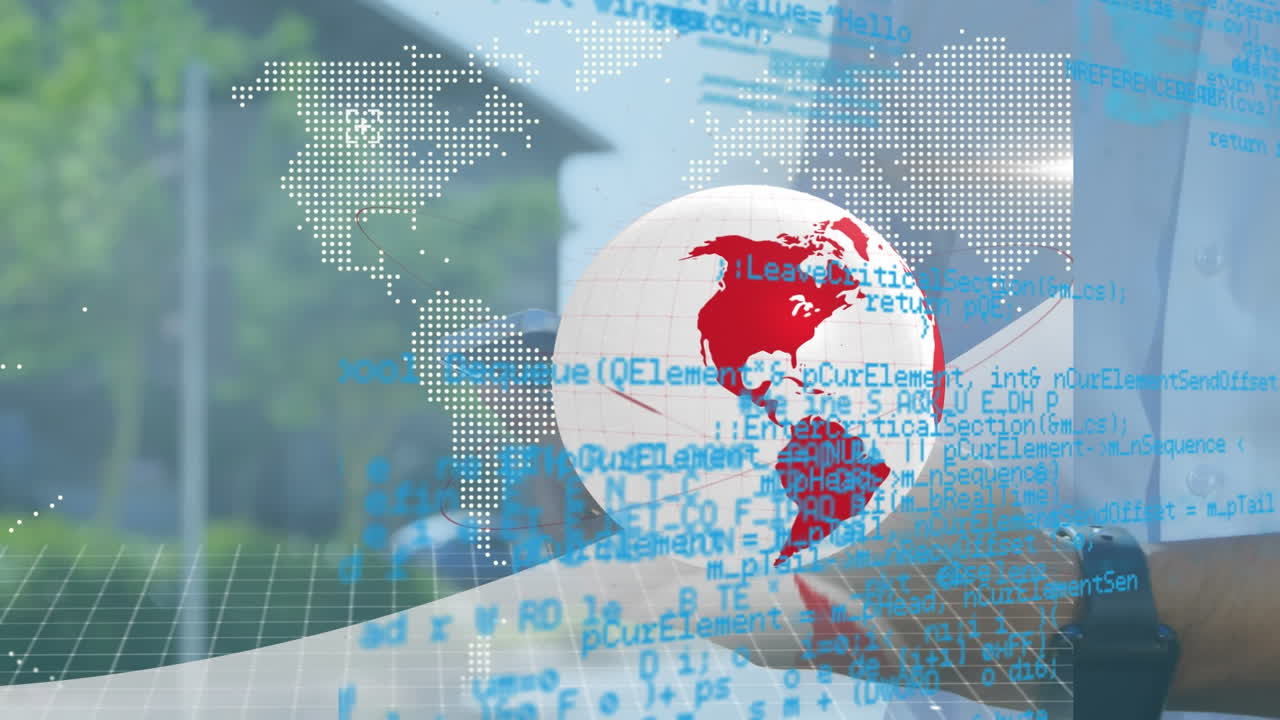 스마트 폰을 사용하는 두 인종 남성의 데이터 처리 및 전 세계 애니메이션