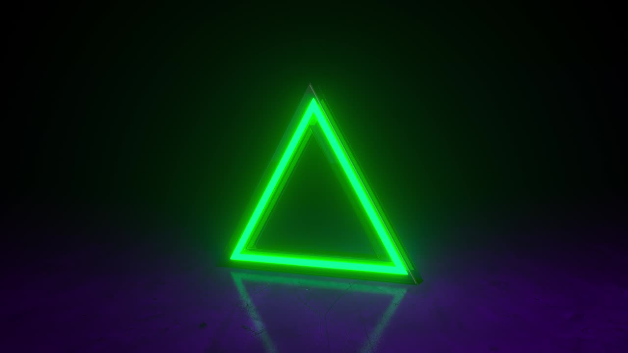 marco triangular de neón verde con efectos brillantes en fondo oscuro. telón de fondo techno brillante vacío. formas geométricas abstractas. fondo geométrico de ciencia ficción. lámpara led. parpadeos.3d animación de bucle de 4k