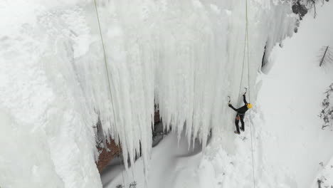 ice climbing on a nice formation from a drone's view