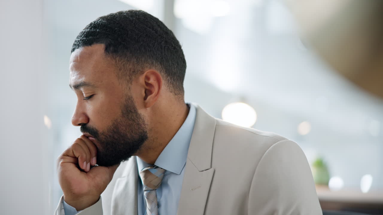 Business man, stress and confused on computer