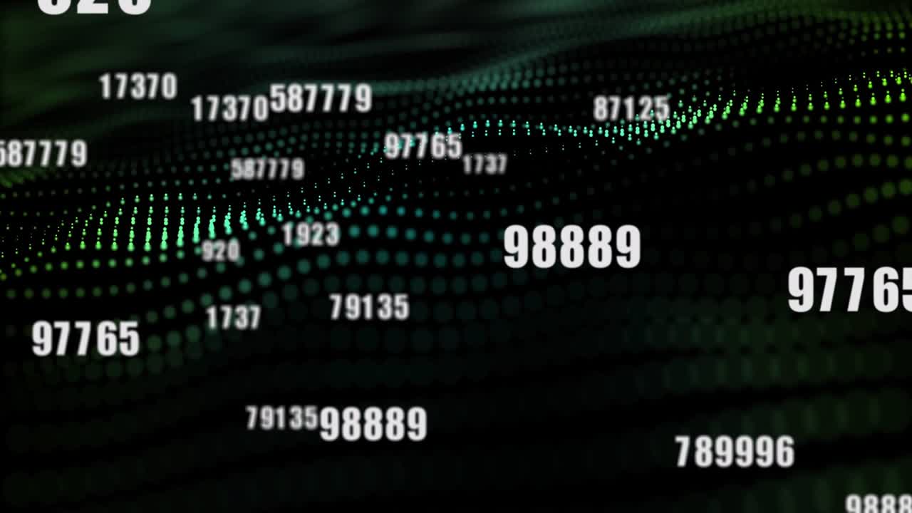 Single numeric label popping triggers labels growing, drifting across dotted plane for technology