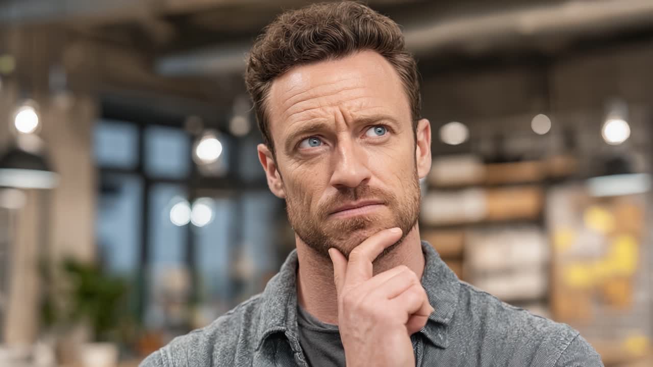Un hombre pensativo contemplando una decisión importante, mostrando una expresión meditabunda en un entorno moderno y bien iluminado que estimula la creatividad y la introspección